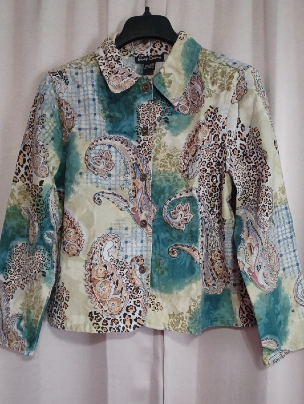 Gaudy Couture Paisley Animal Print Denim Jacket Rhinestones Button Front Sz M - Picture 1 of 15